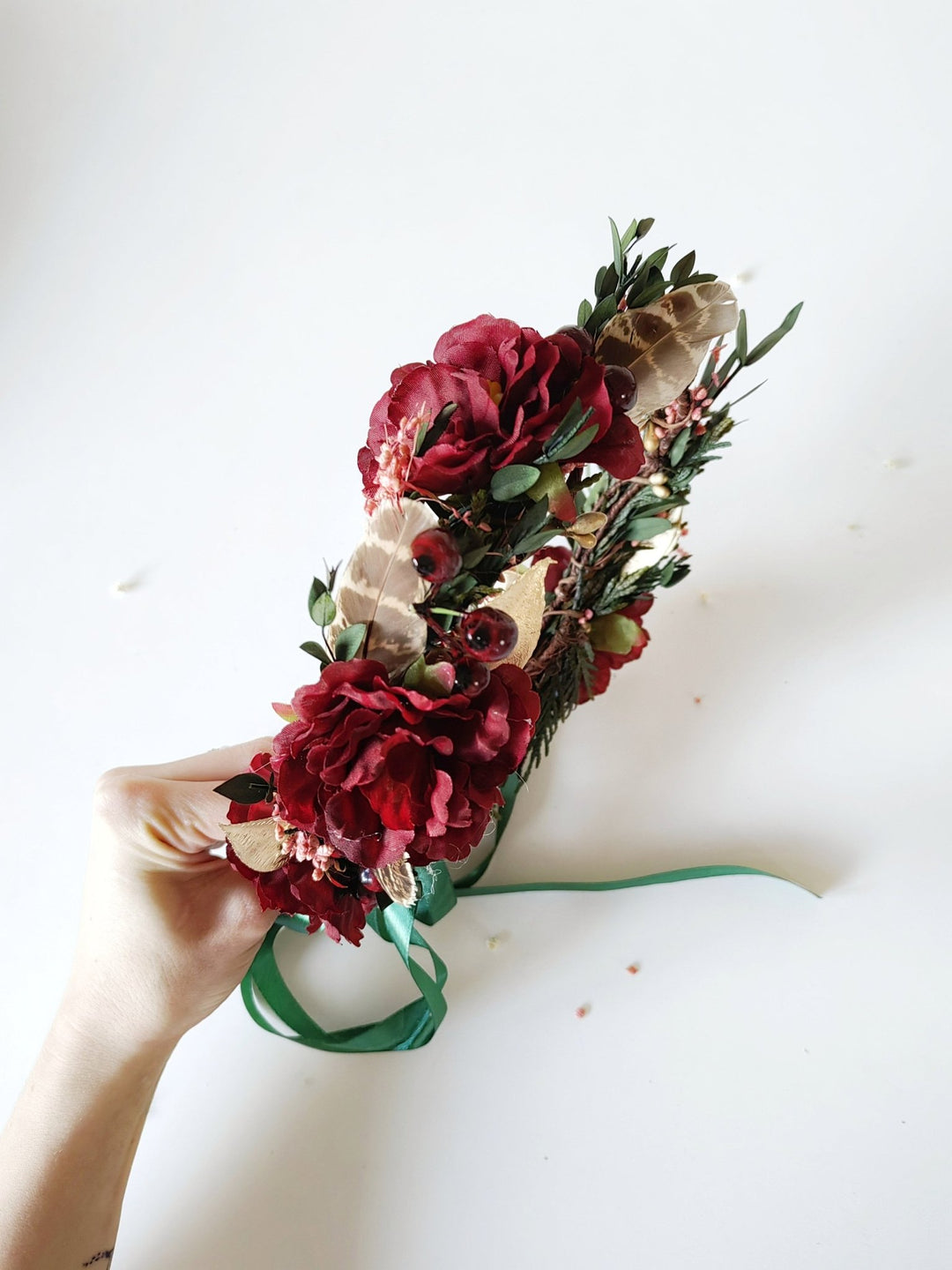 Autumn Flower Hair Wreath: Burgundy Boho Wedding Headpiece – handmade floral hair accessory by magaela