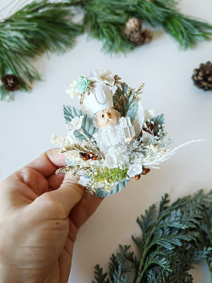 Nutcracker Christmas Brooch: White & Mint Holiday Jewelry – handmade floral hair accessory by magaela