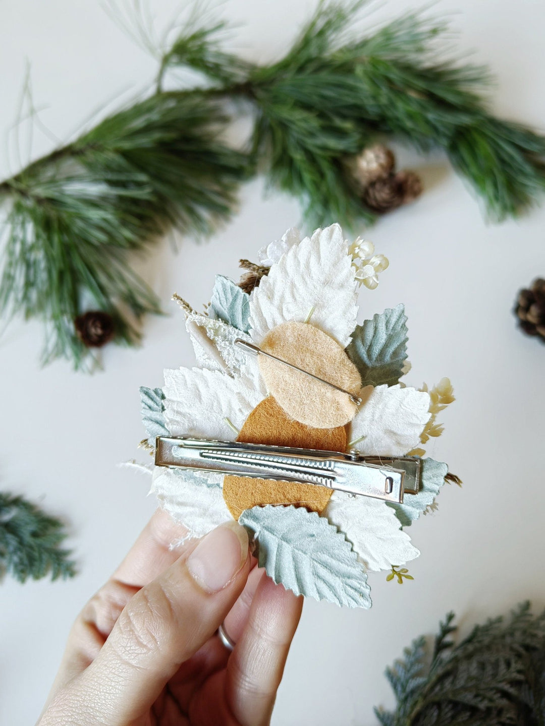 Nutcracker Christmas Brooch: White & Mint Holiday Jewelry – handmade floral hair accessory by magaela