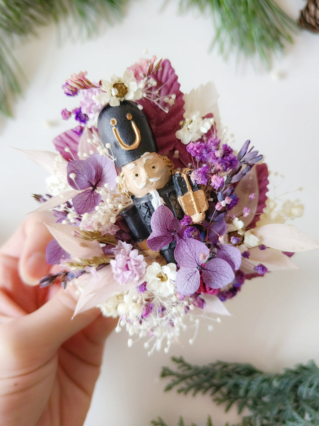 Purple Nutcracker Brooch – Vintage Christmas Floral Pin Winter Jewelry Gift for Her – handmade floral hair accessory by magaela