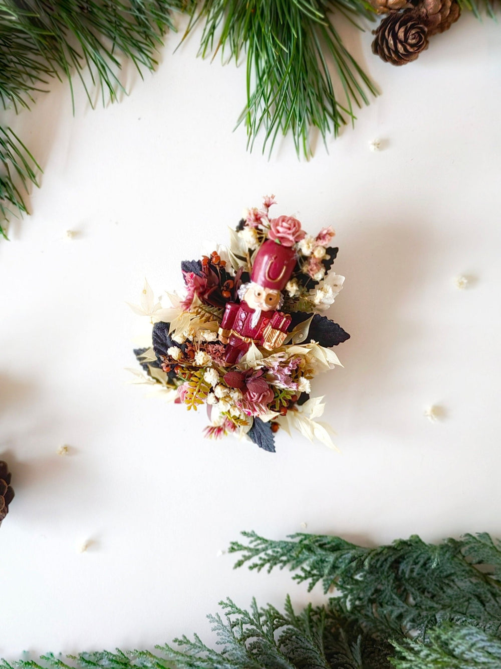 Nutcracker Christmas Brooch – Burgundy Pink Vintage Floral Jewelry, Holiday Gift for Women – handmade floral hair accessory by magaela