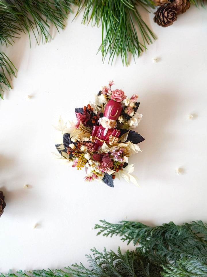 Nutcracker Christmas Brooch – Burgundy Pink Vintage Floral Jewelry, Holiday Gift for Women – handmade floral hair accessory by magaela