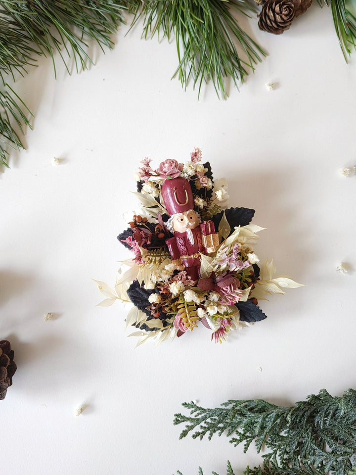 Nutcracker Christmas Brooch – Burgundy Pink Vintage Floral Jewelry, Holiday Gift for Women – handmade floral hair accessory by magaela