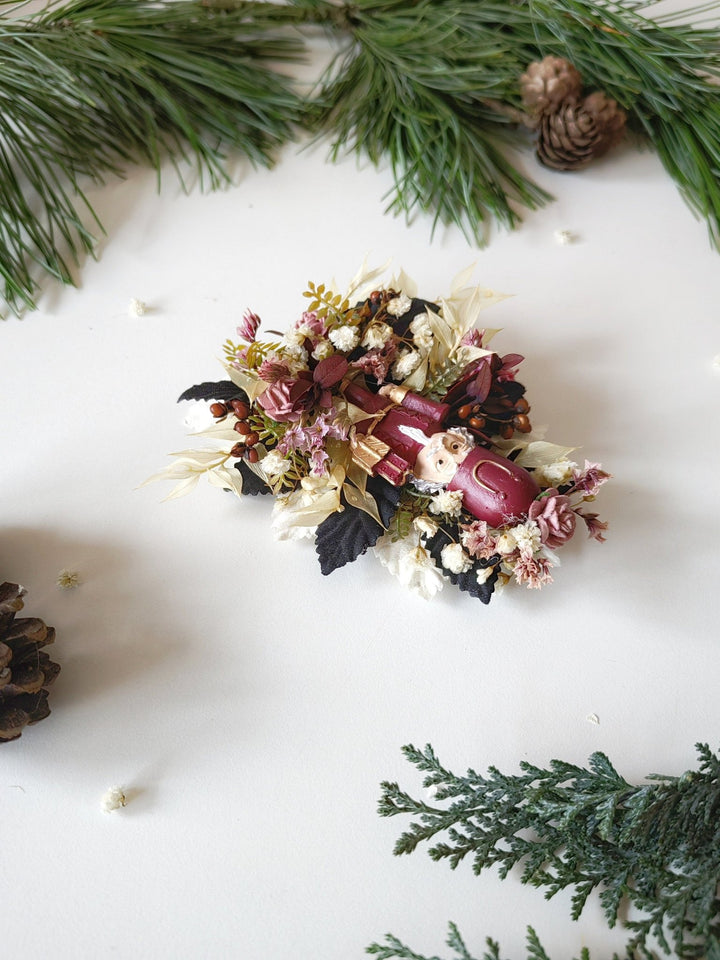 Nutcracker Christmas Brooch – Burgundy Pink Vintage Floral Jewelry, Holiday Gift for Women – handmade floral hair accessory by magaela