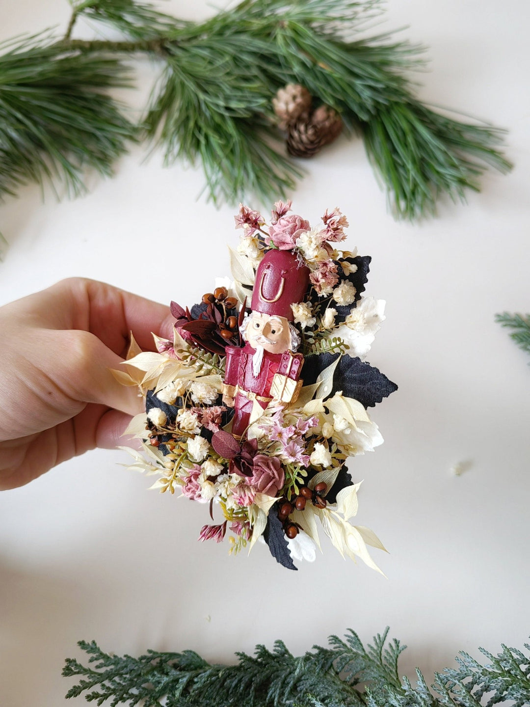 Nutcracker Christmas Brooch – Burgundy Pink Vintage Floral Jewelry, Holiday Gift for Women – handmade floral hair accessory by magaela