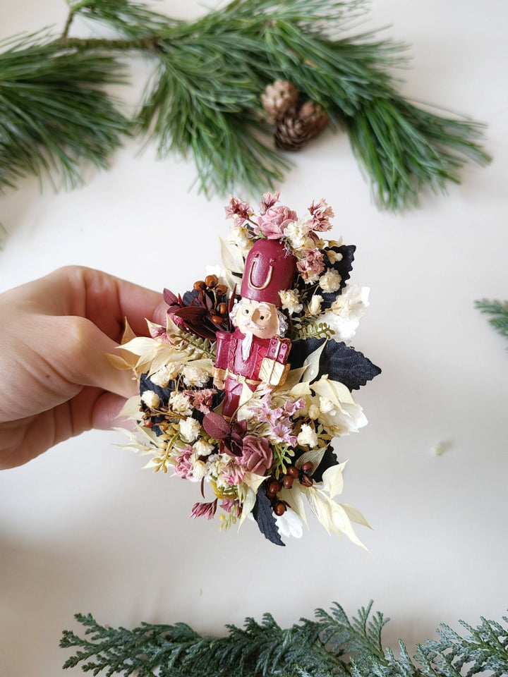 Nutcracker Christmas Brooch – Burgundy Pink Vintage Floral Jewelry, Holiday Gift for Women – handmade floral hair accessory by magaela