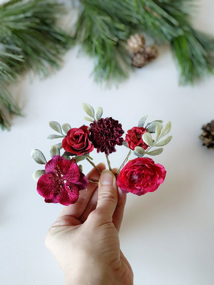 Burgundy Flower Hairpins: Christmas Wedding Hair Accessories – handmade floral hair accessory by magaela