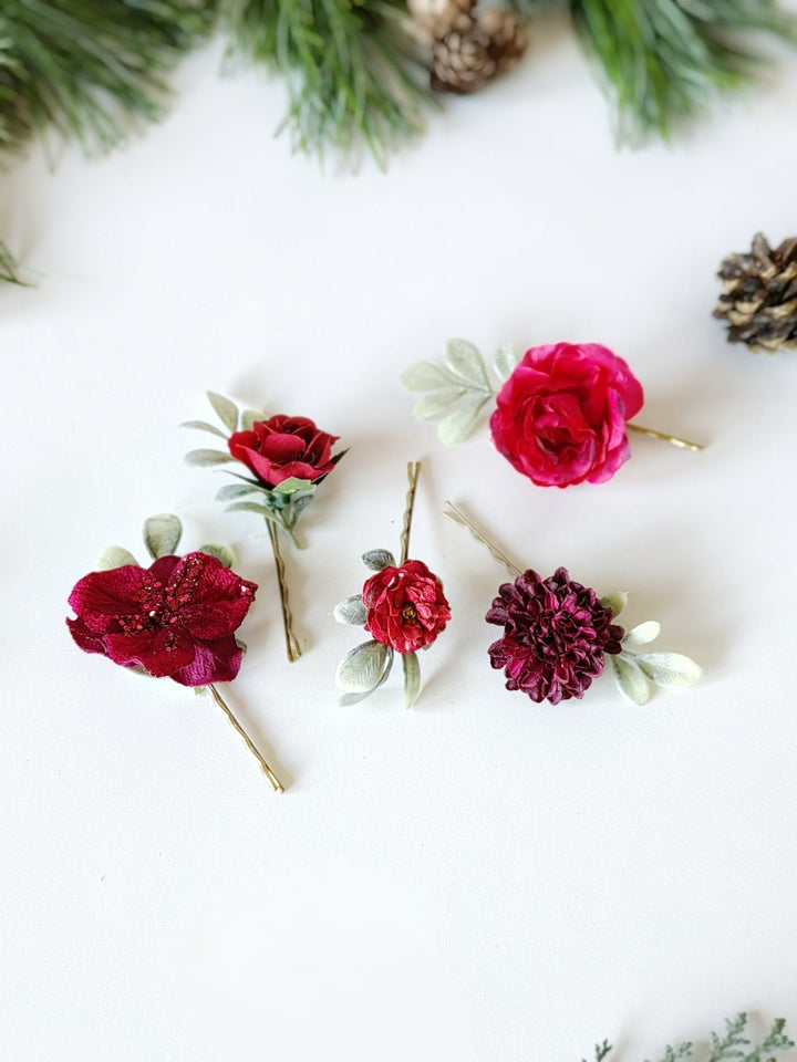 Burgundy Flower Hairpins: Christmas Wedding Hair Accessories – handmade floral hair accessory by magaela