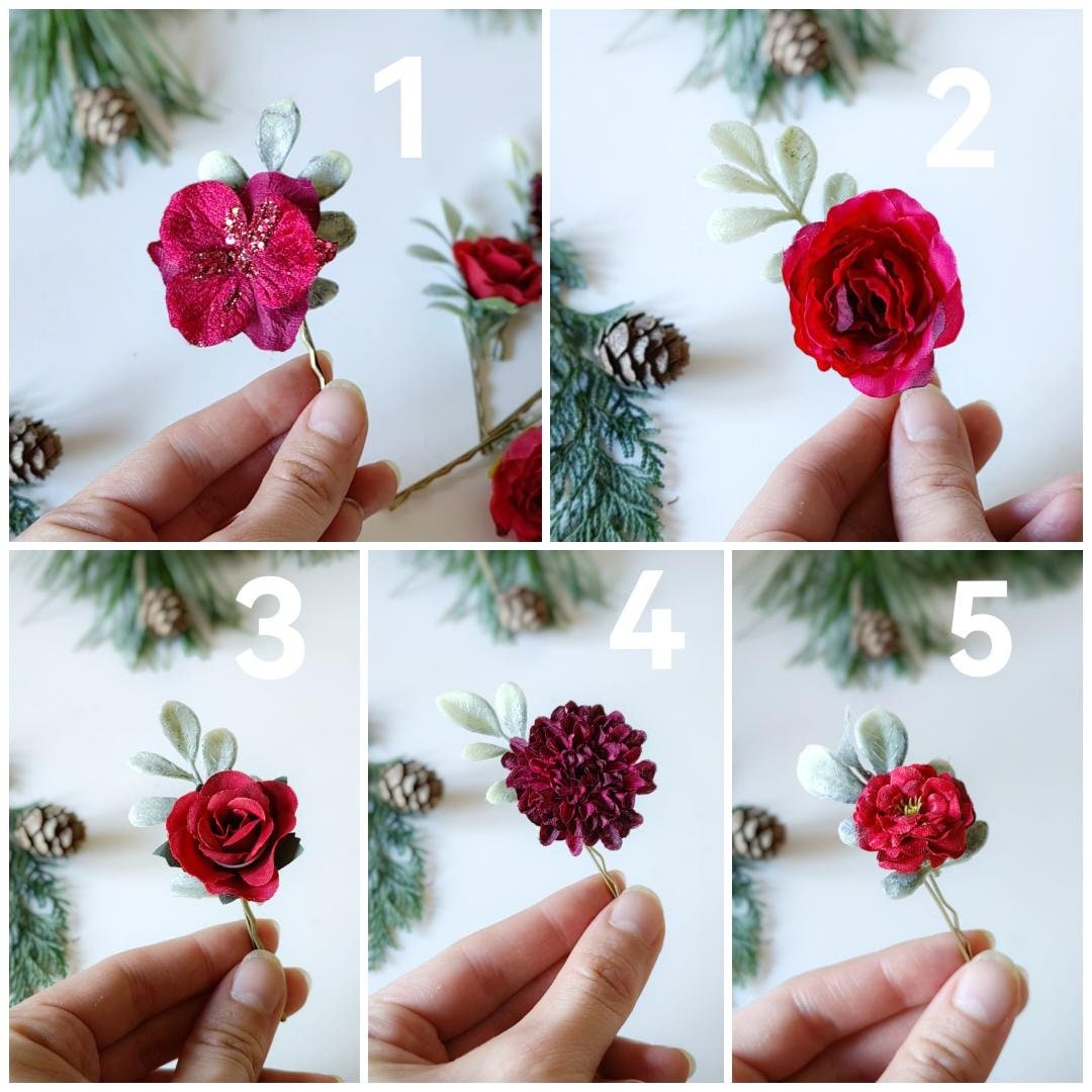Burgundy Flower Hairpins: Christmas Wedding Hair Accessories – handmade floral hair accessory by magaela