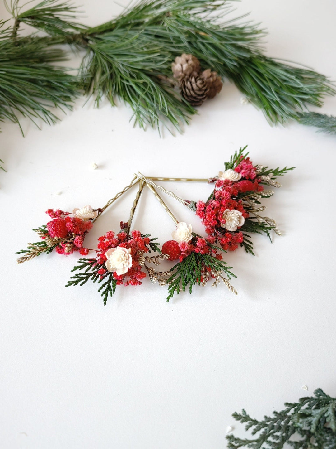 Red Berry Christmas Hairpins: Woodland Wedding Accessories – handmade floral hair accessory by magaela