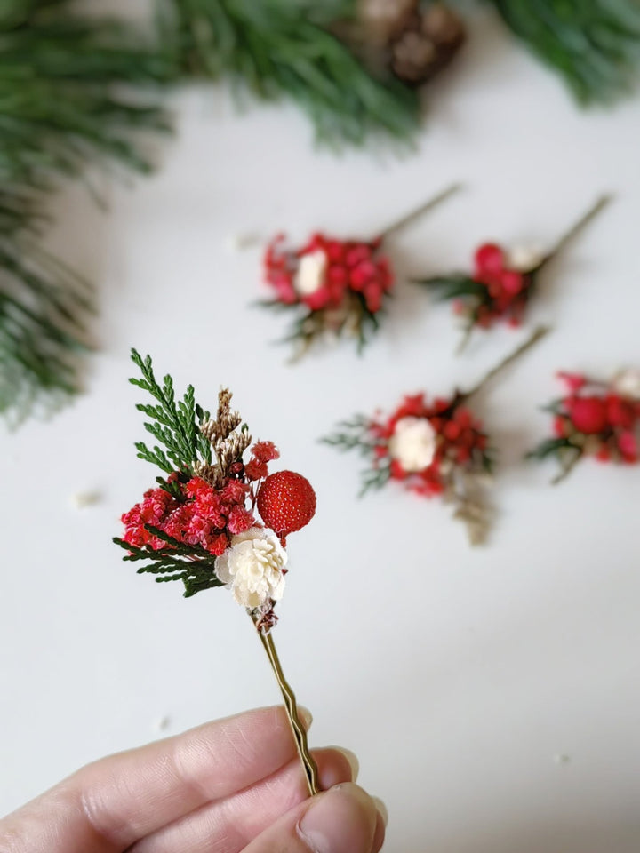 Red Berry Christmas Hairpins: Woodland Wedding Accessories – handmade floral hair accessory by magaela