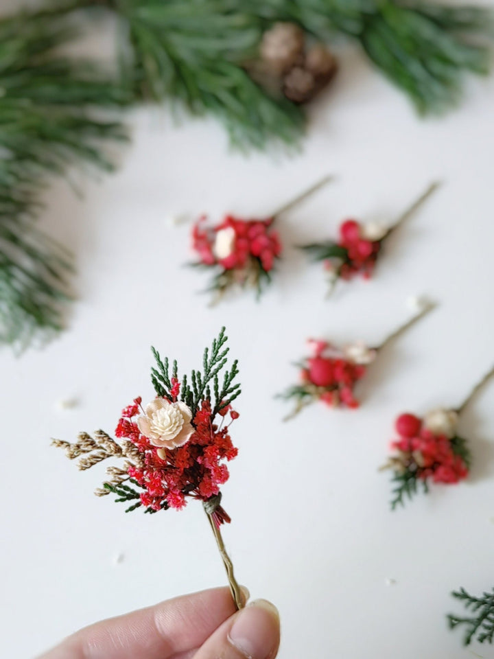 Red Berry Christmas Hairpins: Woodland Wedding Accessories – handmade floral hair accessory by magaela