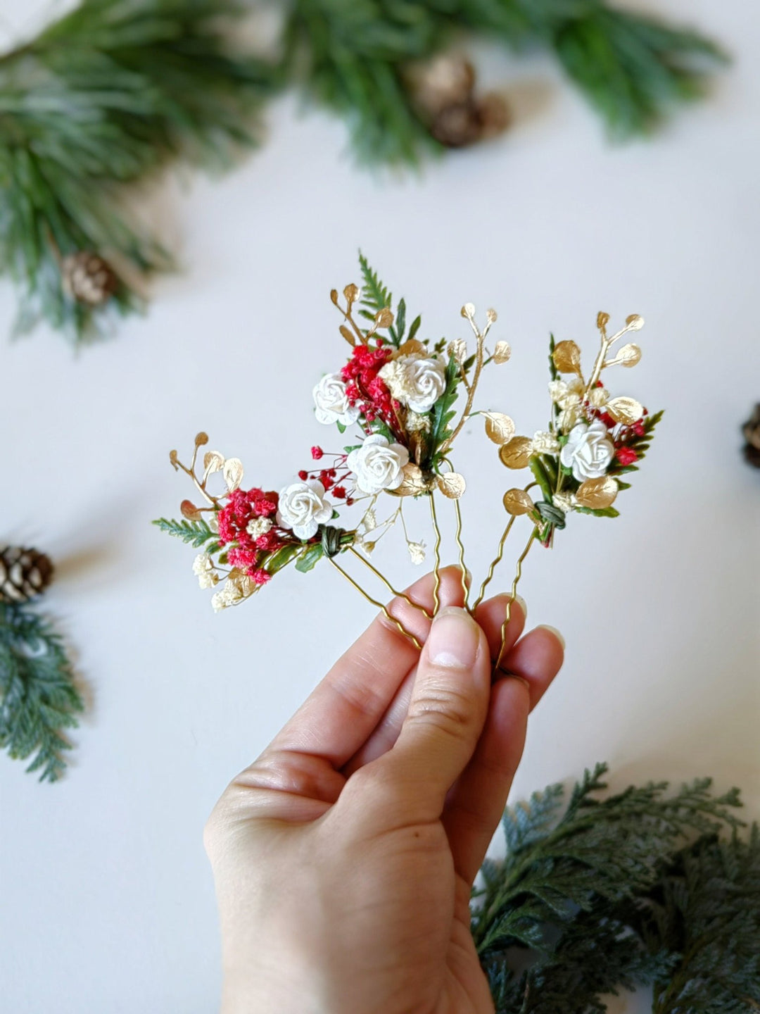 Red & Gold Christmas Flower Hairpins: Winter Wedding Accessories – handmade floral hair accessory by magaela