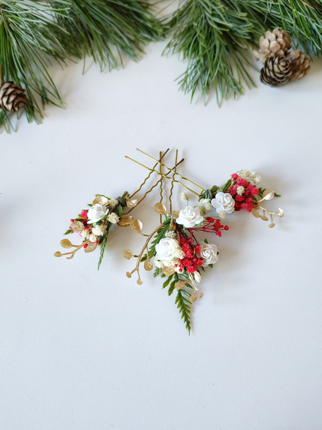 Red & Gold Christmas Flower Hairpins: Winter Wedding Accessories – handmade floral hair accessory by magaela