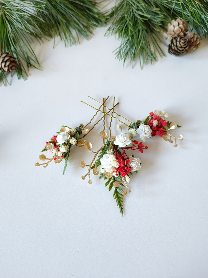 Red & Gold Christmas Flower Hairpins: Winter Wedding Accessories – handmade floral hair accessory by magaela