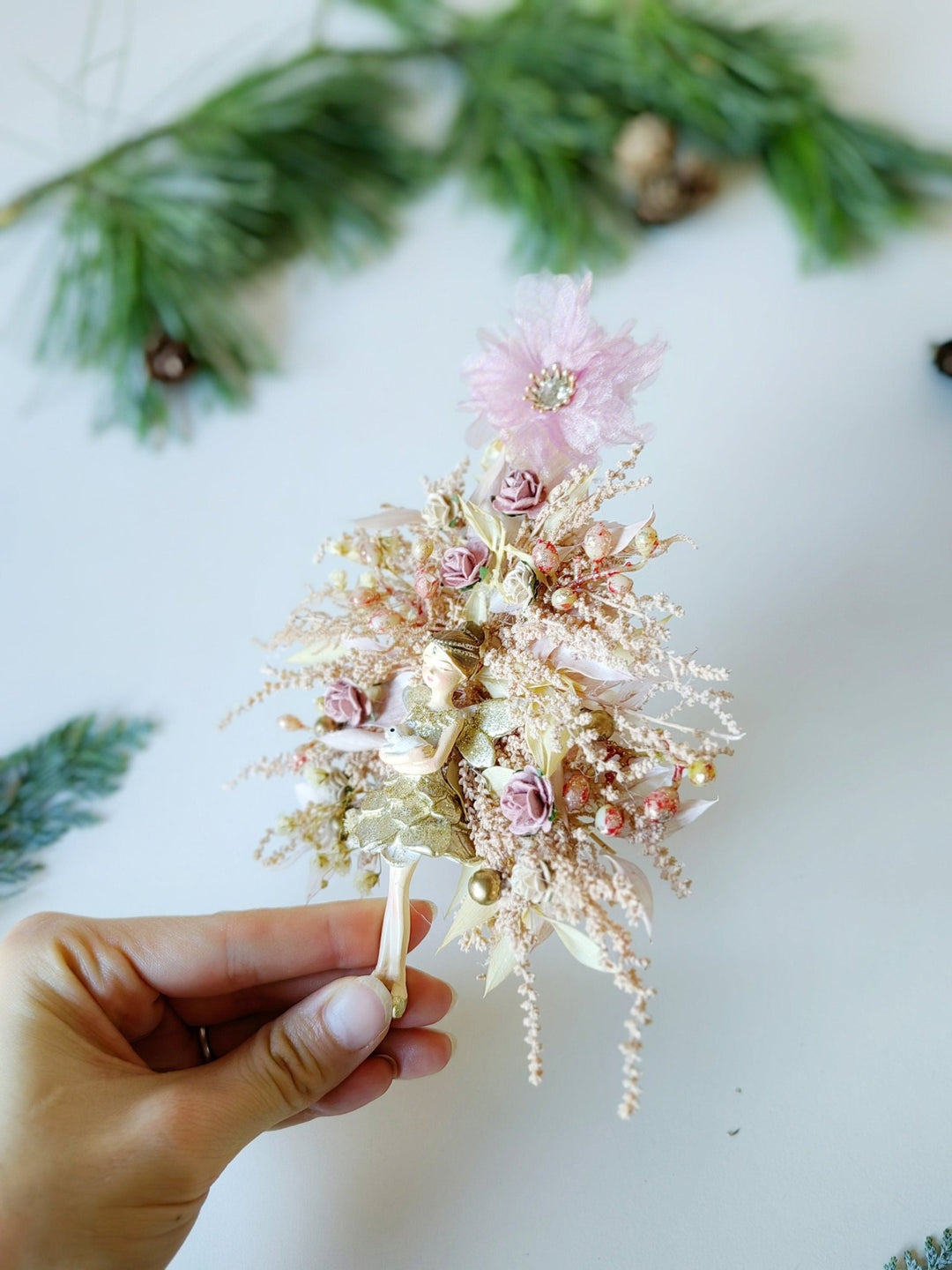Rose Gold Christmas Tree Decoration: Fairycore Ornament – handmade floral hair accessory by magaela
