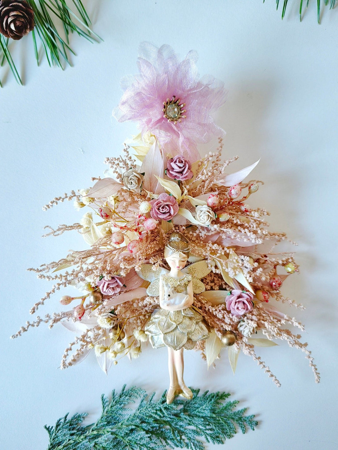Rose Gold Christmas Tree Decoration: Fairycore Ornament – handmade floral hair accessory by magaela