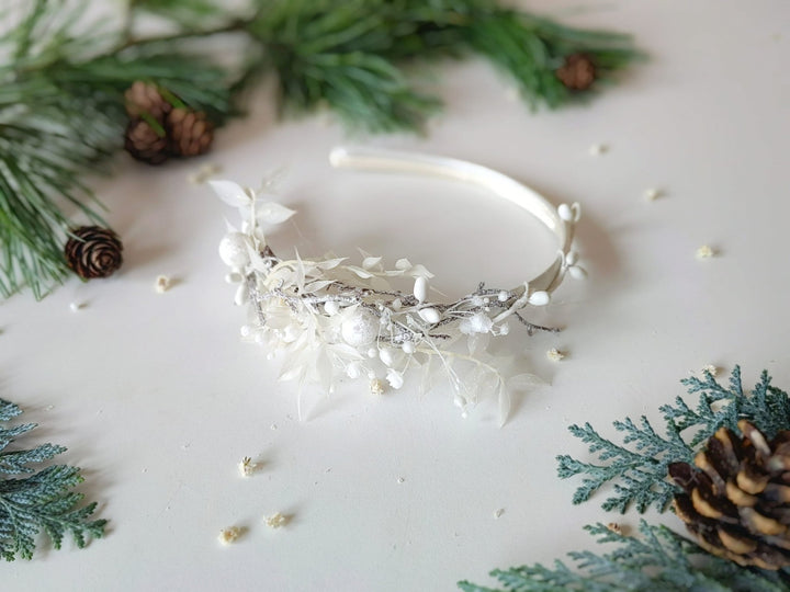 White Flower Winter Headband: Frozen Wedding Hair Accessory – handmade floral hair accessory by magaela