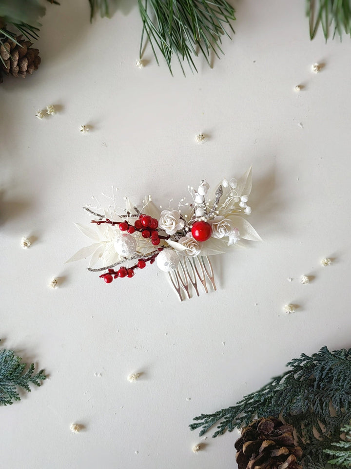 Red Berry Winter Bridal Hair Comb: White Rose Headpiece – handmade floral hair accessory by magaela