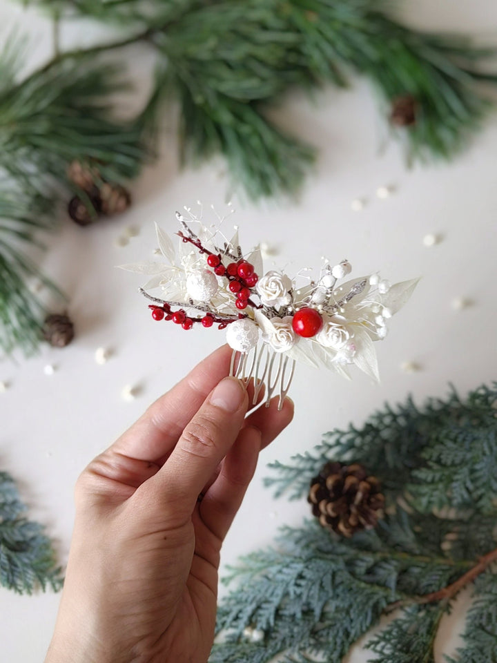 Red Berry Winter Bridal Hair Comb: White Rose Headpiece – handmade floral hair accessory by magaela