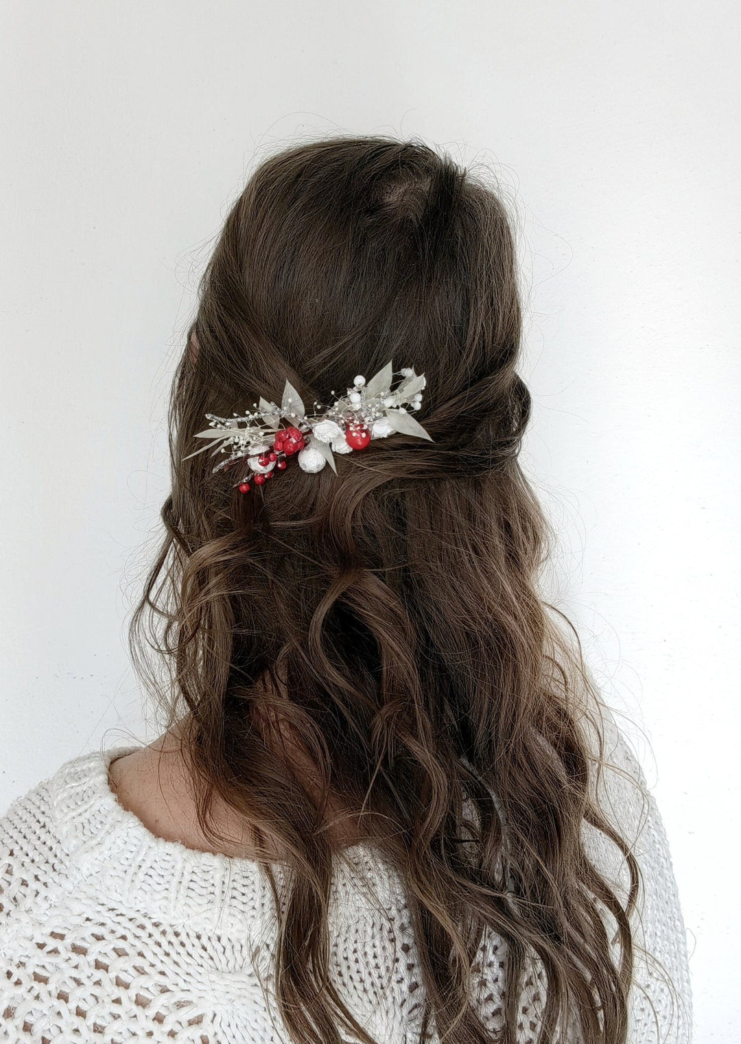 Red Berry Winter Bridal Hair Comb: White Rose Headpiece – handmade floral hair accessory by magaela