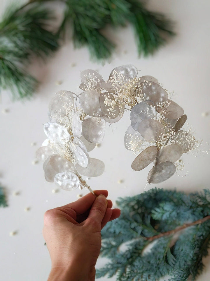 Vintage Lunaria Bridal Crown: Winter Wedding Headpiece – handmade floral hair accessory by magaela