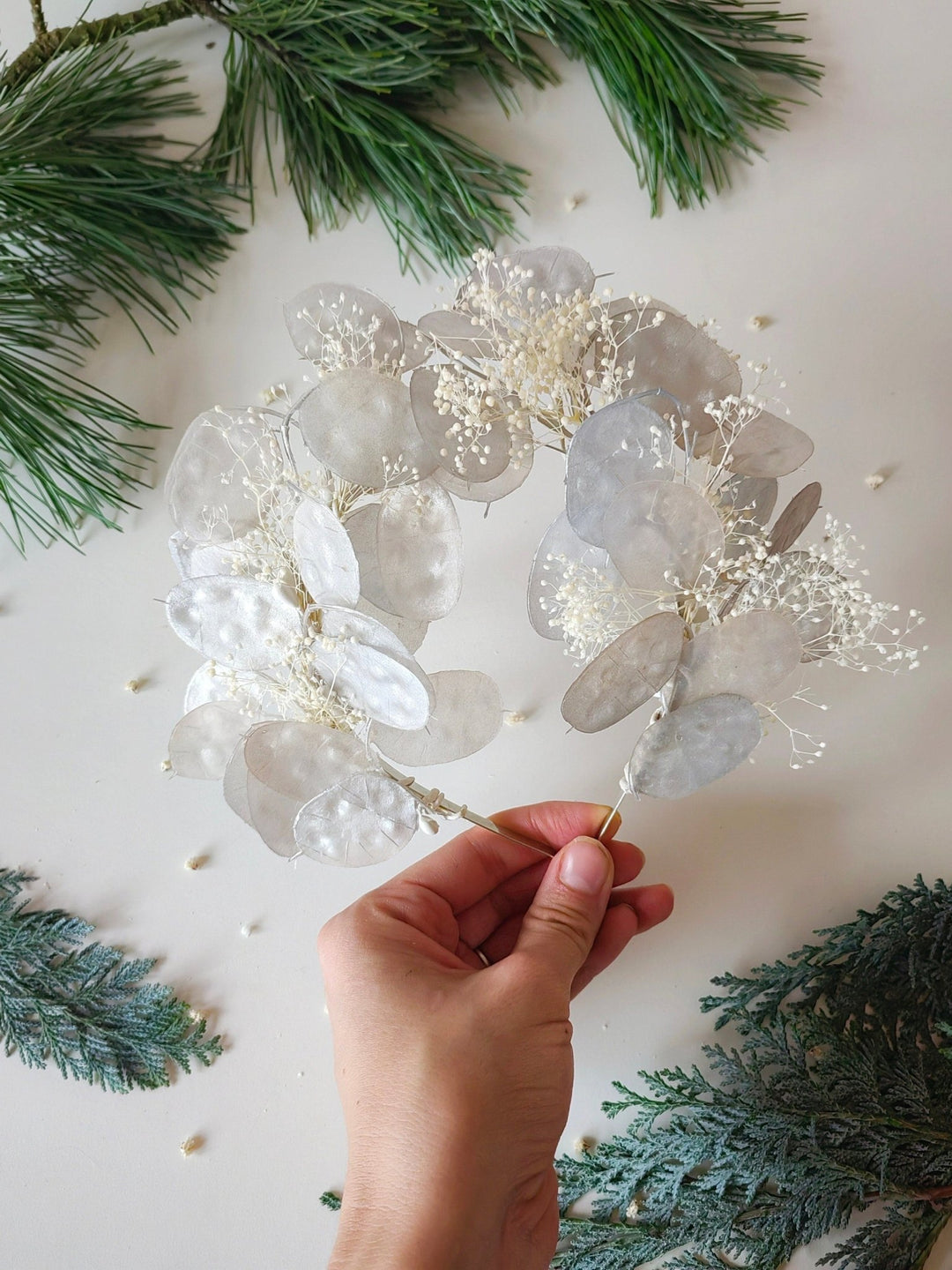 Vintage Lunaria Bridal Crown: Winter Wedding Headpiece – handmade floral hair accessory by magaela
