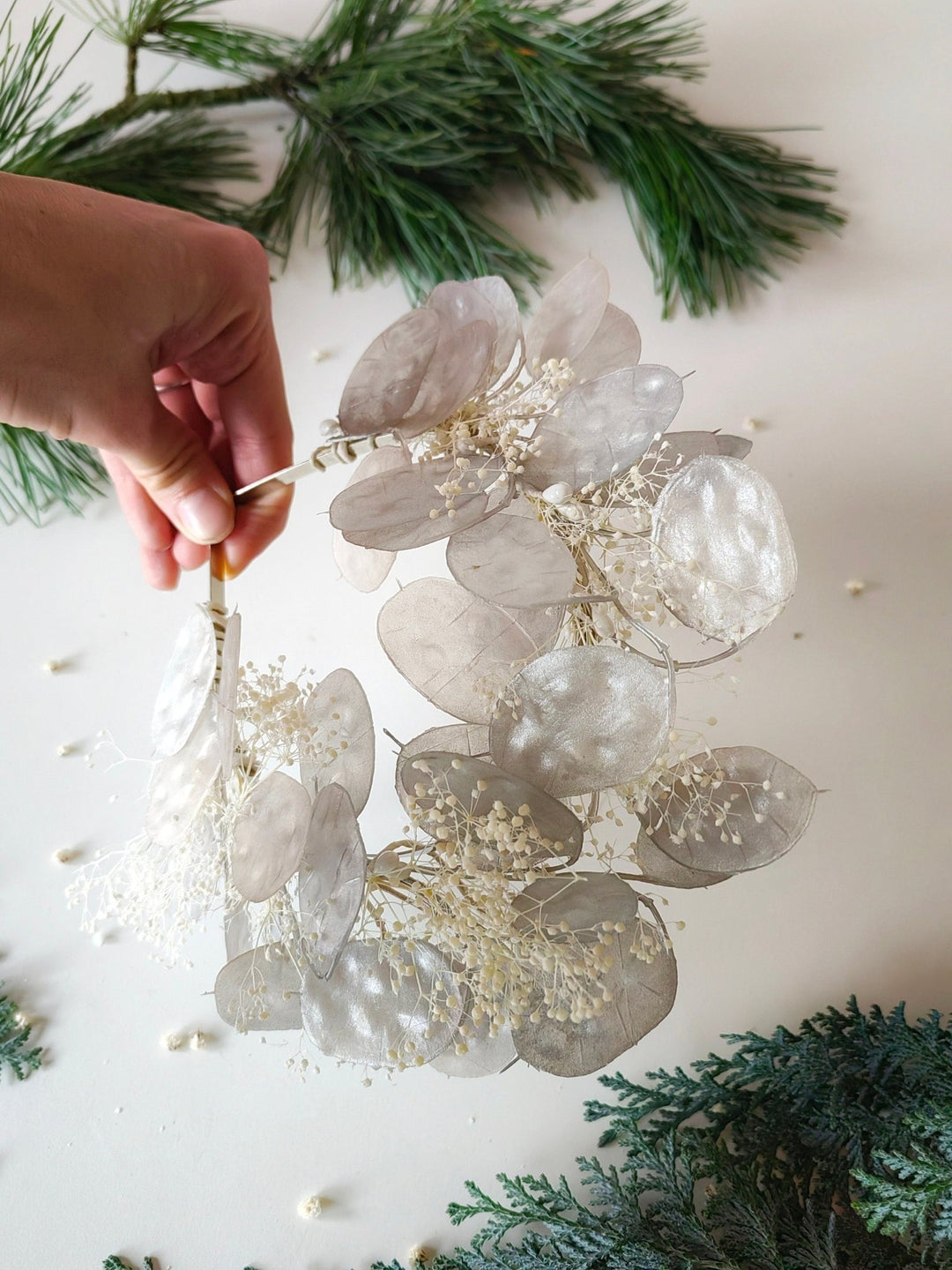 Vintage Lunaria Bridal Crown: Winter Wedding Headpiece – handmade floral hair accessory by magaela