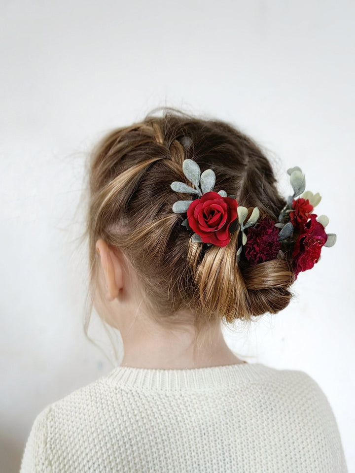 Burgundy Flower Hairpins: Christmas Wedding Hair Accessories – handmade floral hair accessory by magaela
