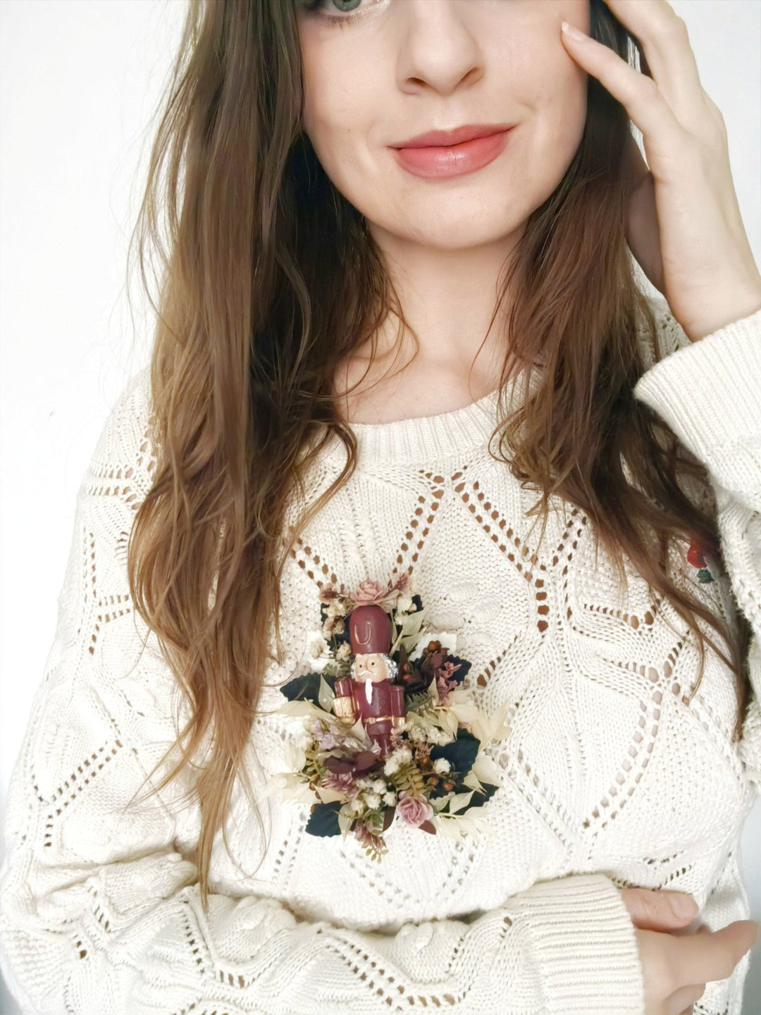 Nutcracker Christmas Brooch – Burgundy Pink Vintage Floral Jewelry, Holiday Gift for Women – handmade floral hair accessory by magaela