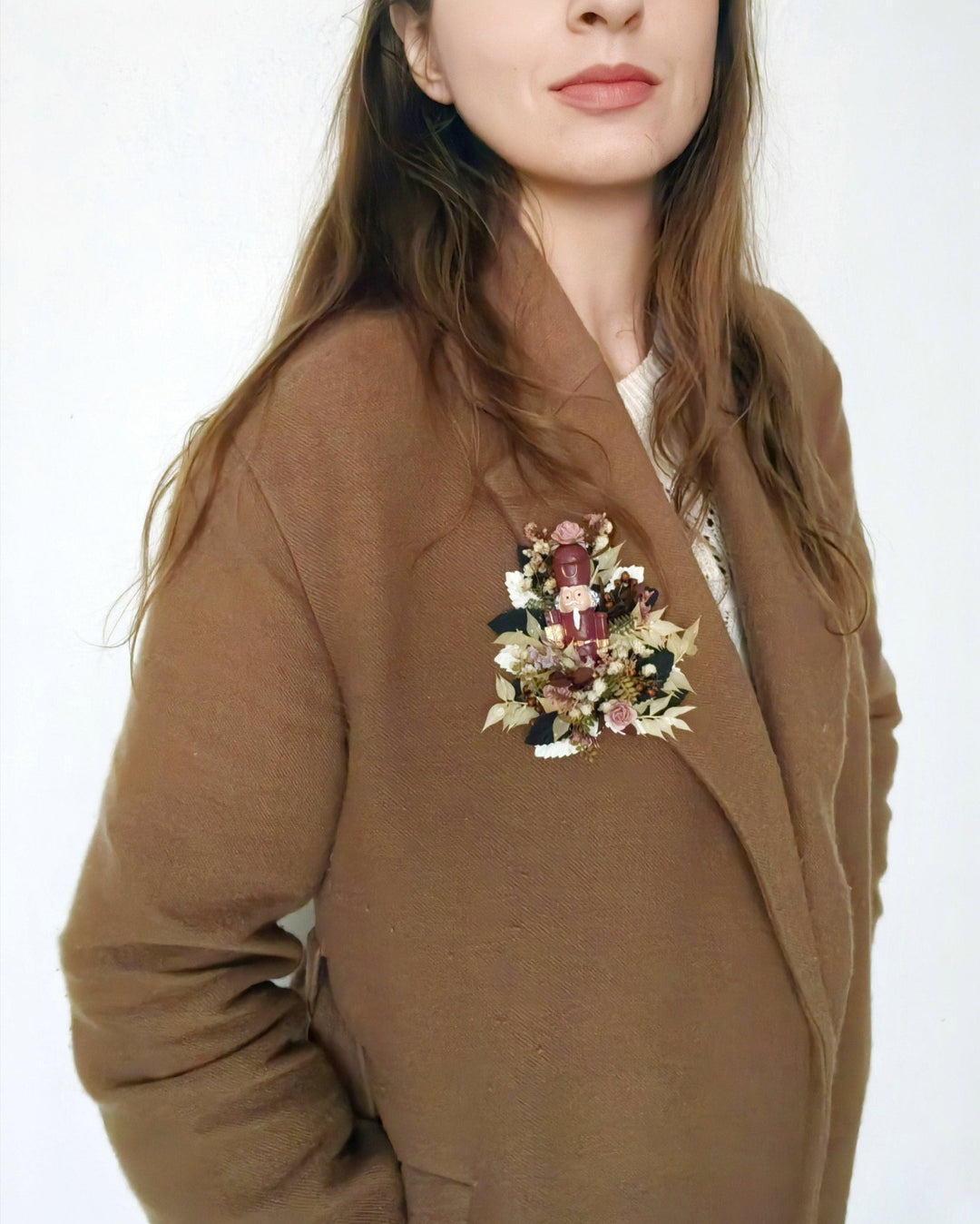 Nutcracker Christmas Brooch – Burgundy Pink Vintage Floral Jewelry, Holiday Gift for Women – handmade floral hair accessory by magaela