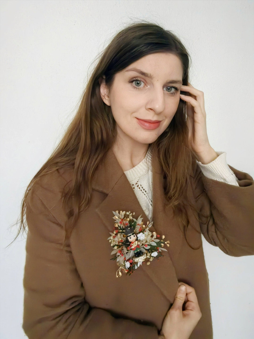 Nutcracker Christmas Brooch – Red Green Holiday Flower Pin | Large Christmas Gift for Her | Handmade Winter Jewelry for Coat or Sweater – handmade floral hair accessory by magaela