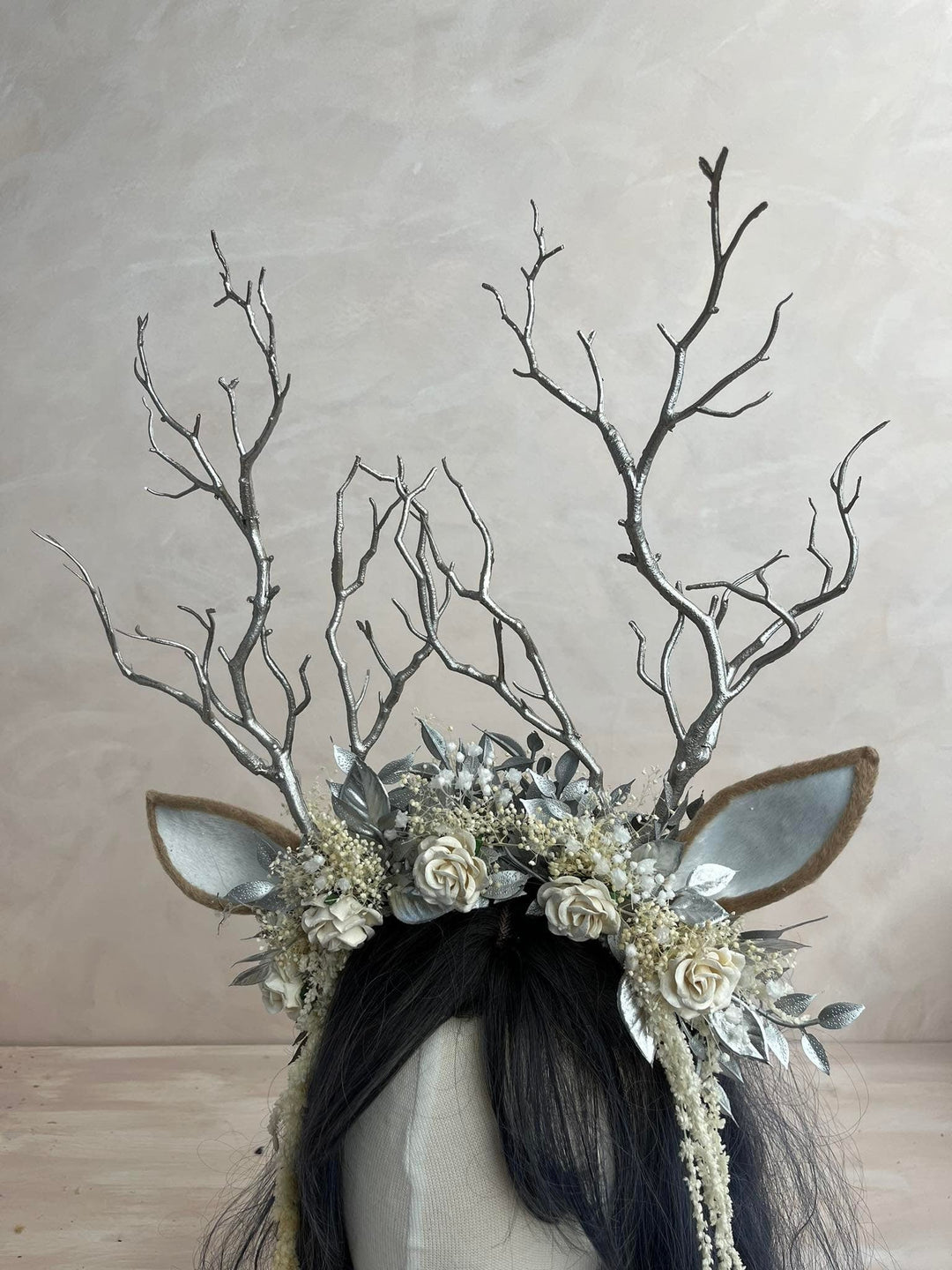 Pink Flower Crown with Gold Antlers: Fairytale Headband – handmade floral hair accessory by magaela