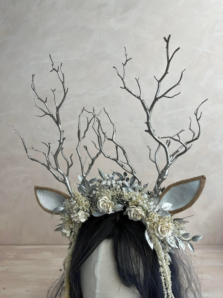 Deer Antler Crown: Silver Horns Headband, Pagan Festival Tiara – handmade floral hair accessory by magaela