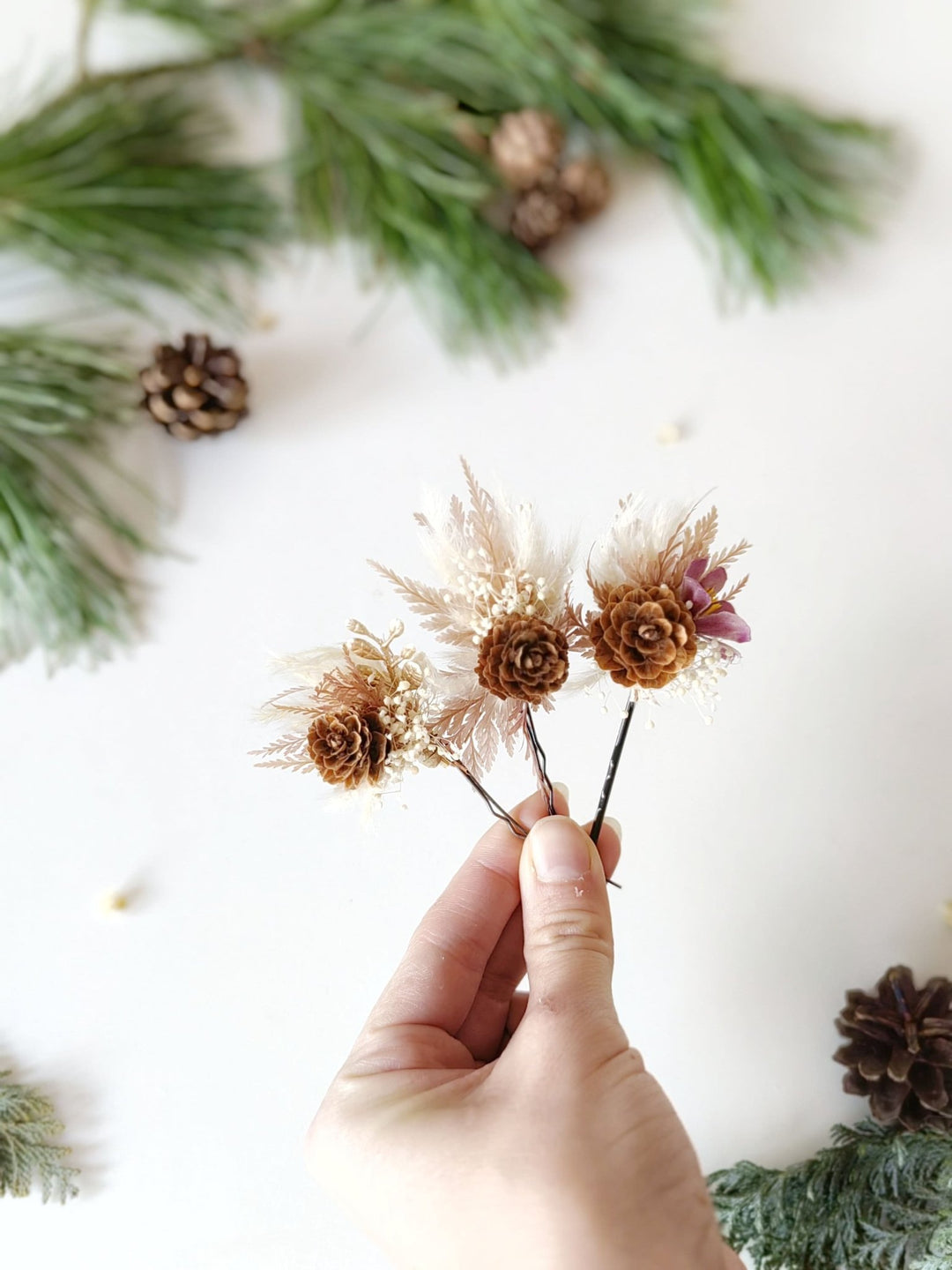 Winter Wedding Hairpins: Pine Cone Flower Hair Accessories – handmade floral hair accessory by magaela