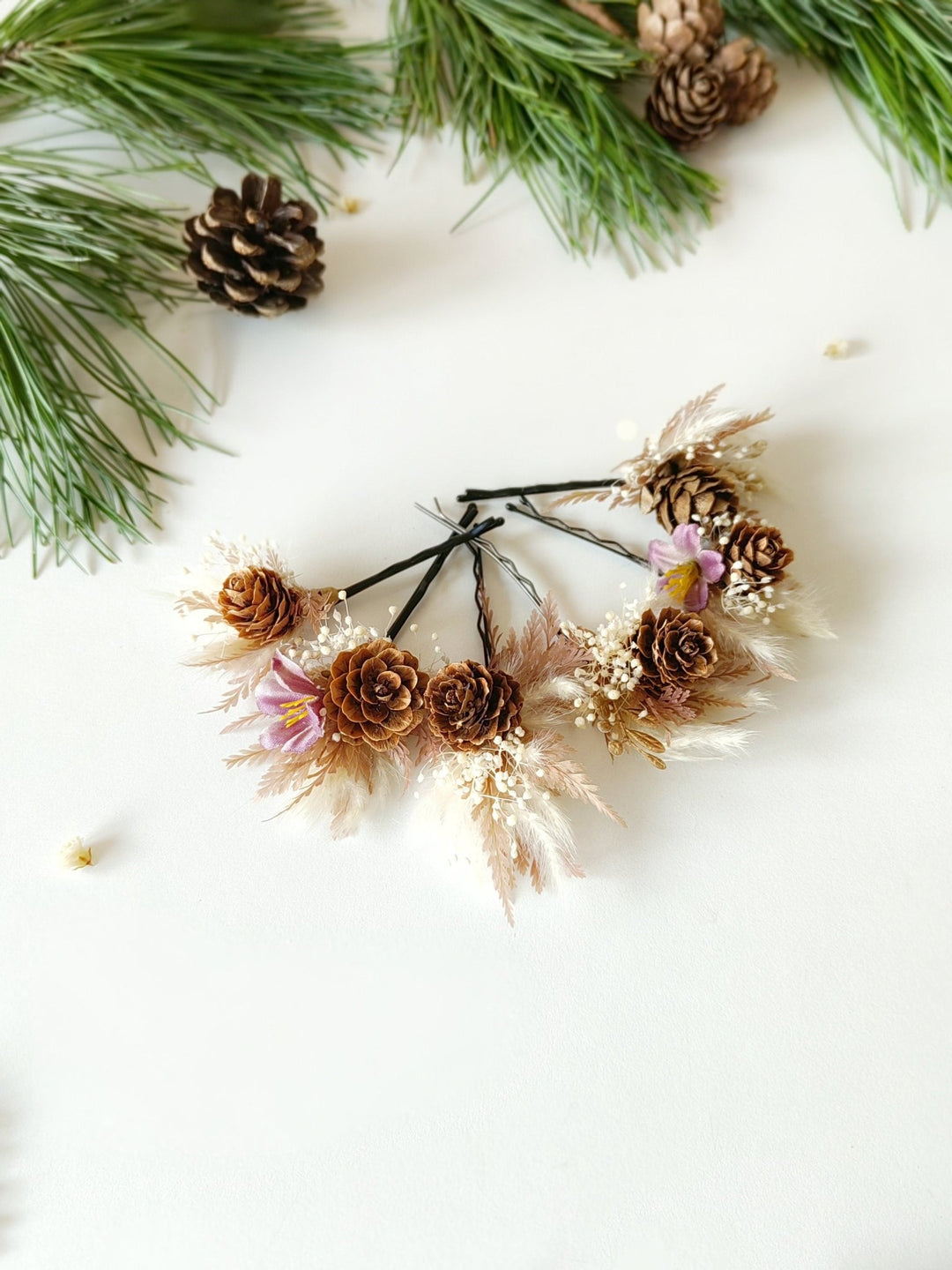 Winter Wedding Hairpins: Pine Cone Flower Hair Accessories – handmade floral hair accessory by magaela
