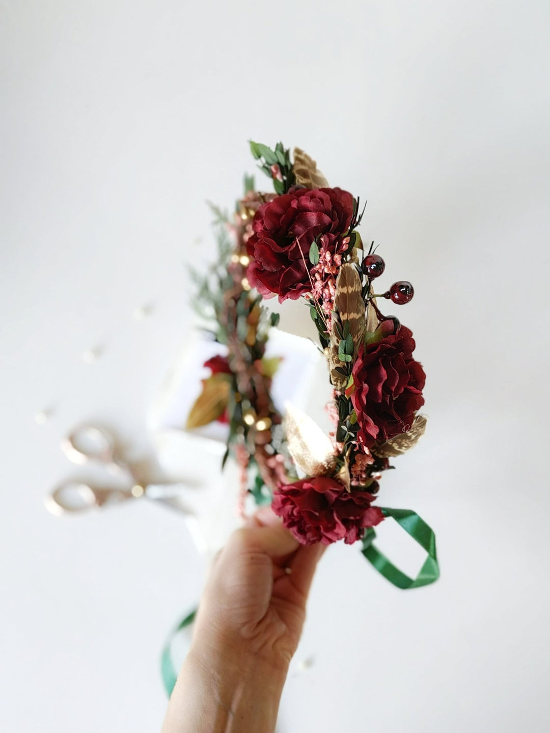 Autumn Flower Hair Wreath: Burgundy Boho Wedding Headpiece – handmade floral hair accessory by magaela