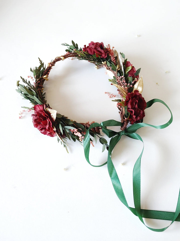 Autumn Flower Hair Wreath: Burgundy Boho Wedding Headpiece – handmade floral hair accessory by magaela