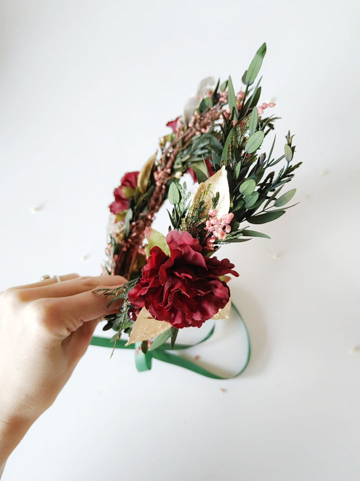 Autumn Flower Hair Wreath: Burgundy Boho Wedding Headpiece – handmade floral hair accessory by magaela