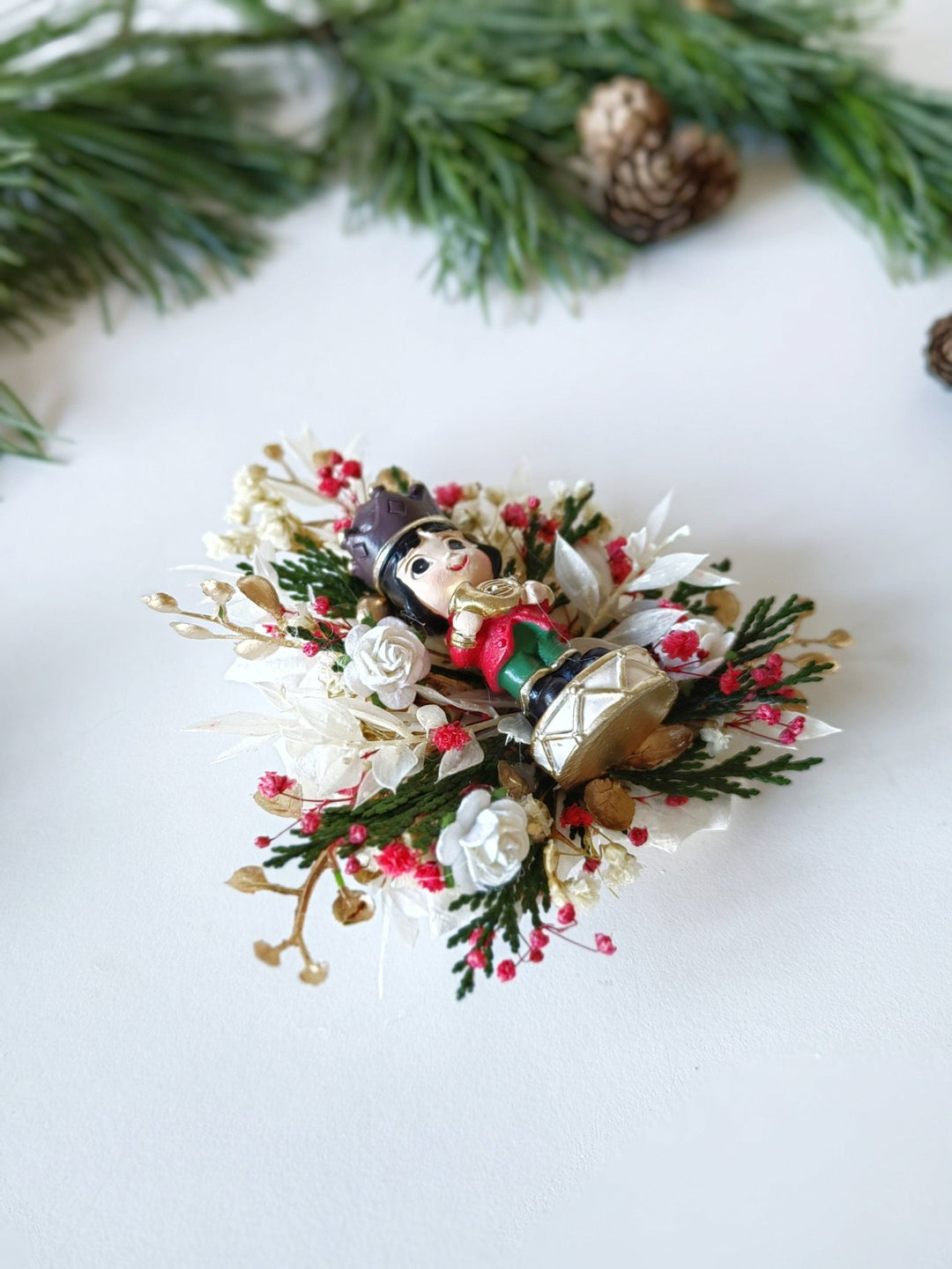 Nutcracker Christmas Brooch – Red Green Holiday Flower Pin | Large Christmas Gift for Her | Handmade Winter Jewelry for Coat or Sweater – handmade floral hair accessory by magaela
