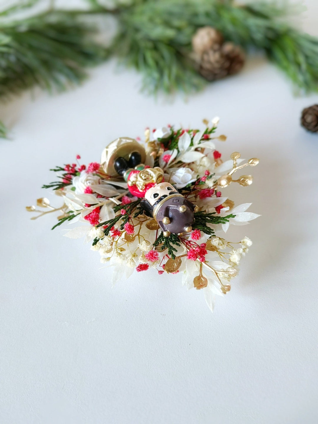 Nutcracker Christmas Brooch – Red Green Holiday Flower Pin | Large Christmas Gift for Her | Handmade Winter Jewelry for Coat or Sweater – handmade floral hair accessory by magaela