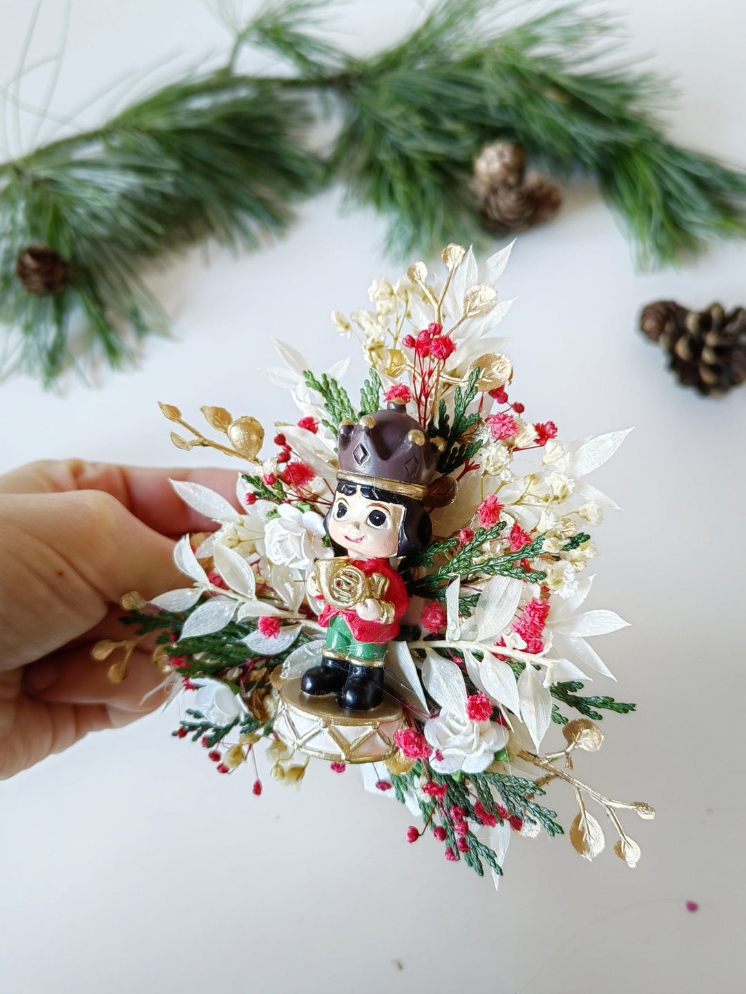 Nutcracker Christmas Brooch – Red Green Holiday Flower Pin | Large Christmas Gift for Her | Handmade Winter Jewelry for Coat or Sweater – handmade floral hair accessory by magaela