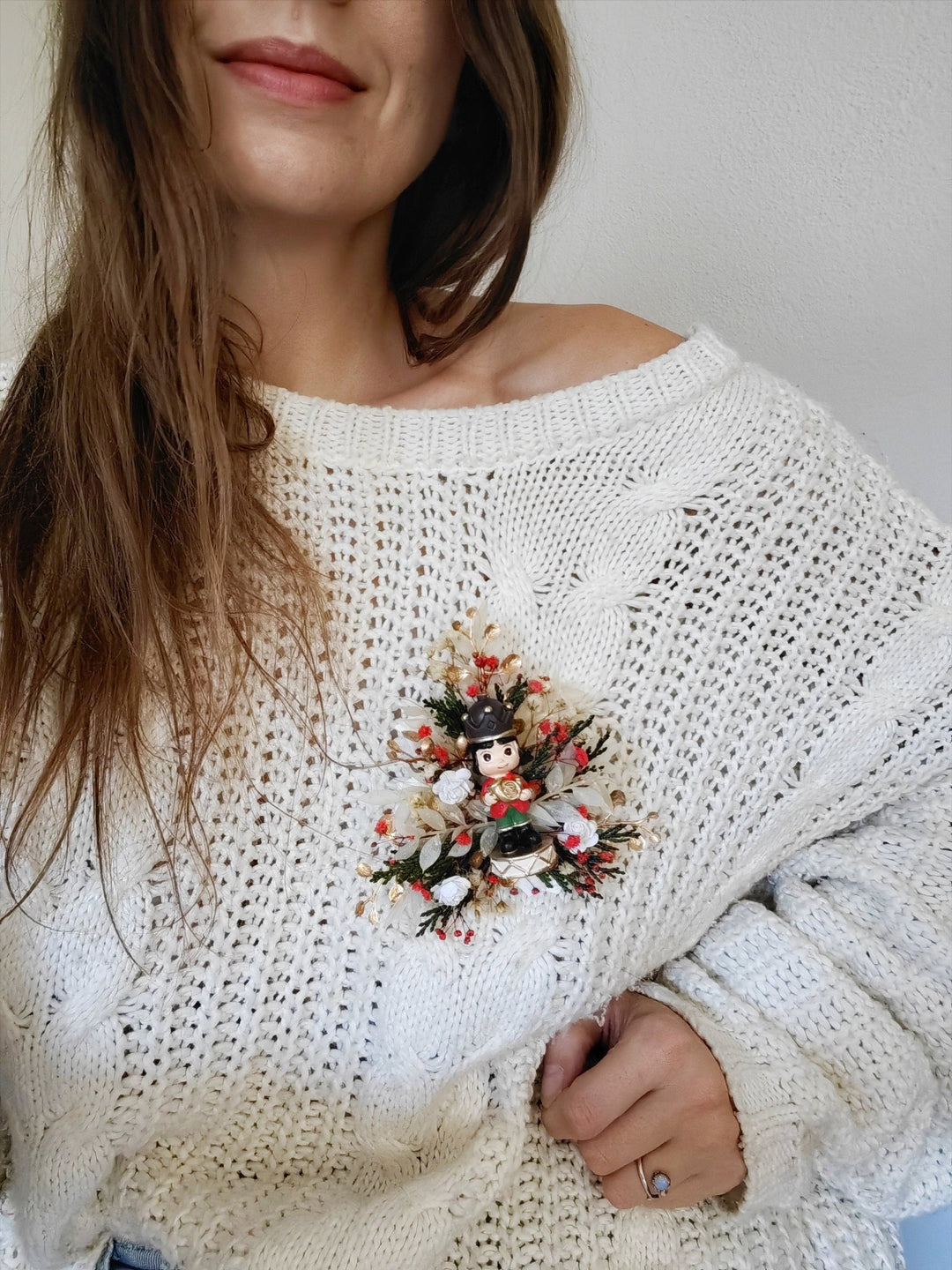 Nutcracker Christmas Brooch – Red Green Holiday Flower Pin | Large Christmas Gift for Her | Handmade Winter Jewelry for Coat or Sweater – handmade floral hair accessory by magaela