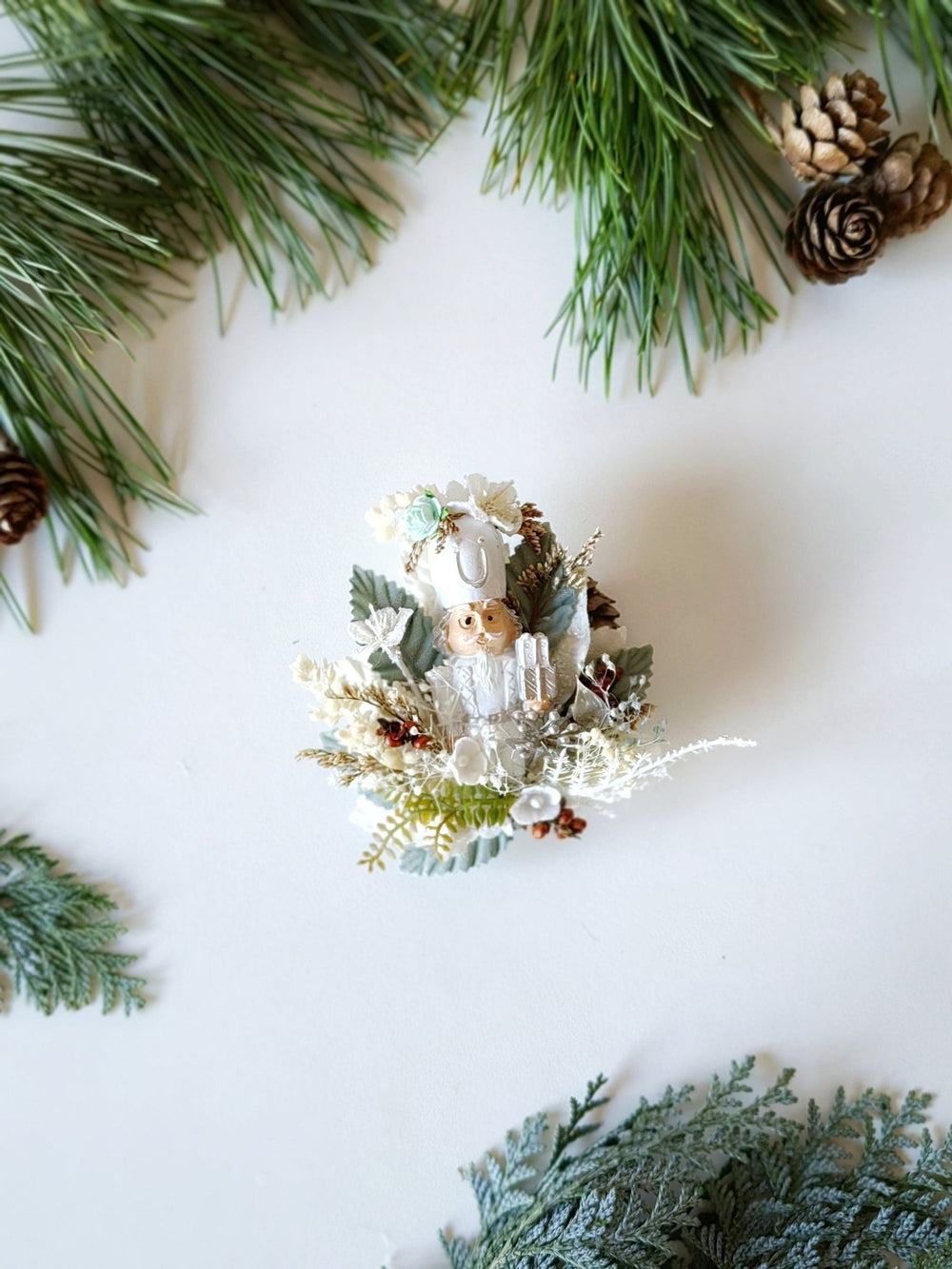 Nutcracker Christmas Brooch: White & Mint Holiday Jewelry – handmade floral hair accessory by magaela