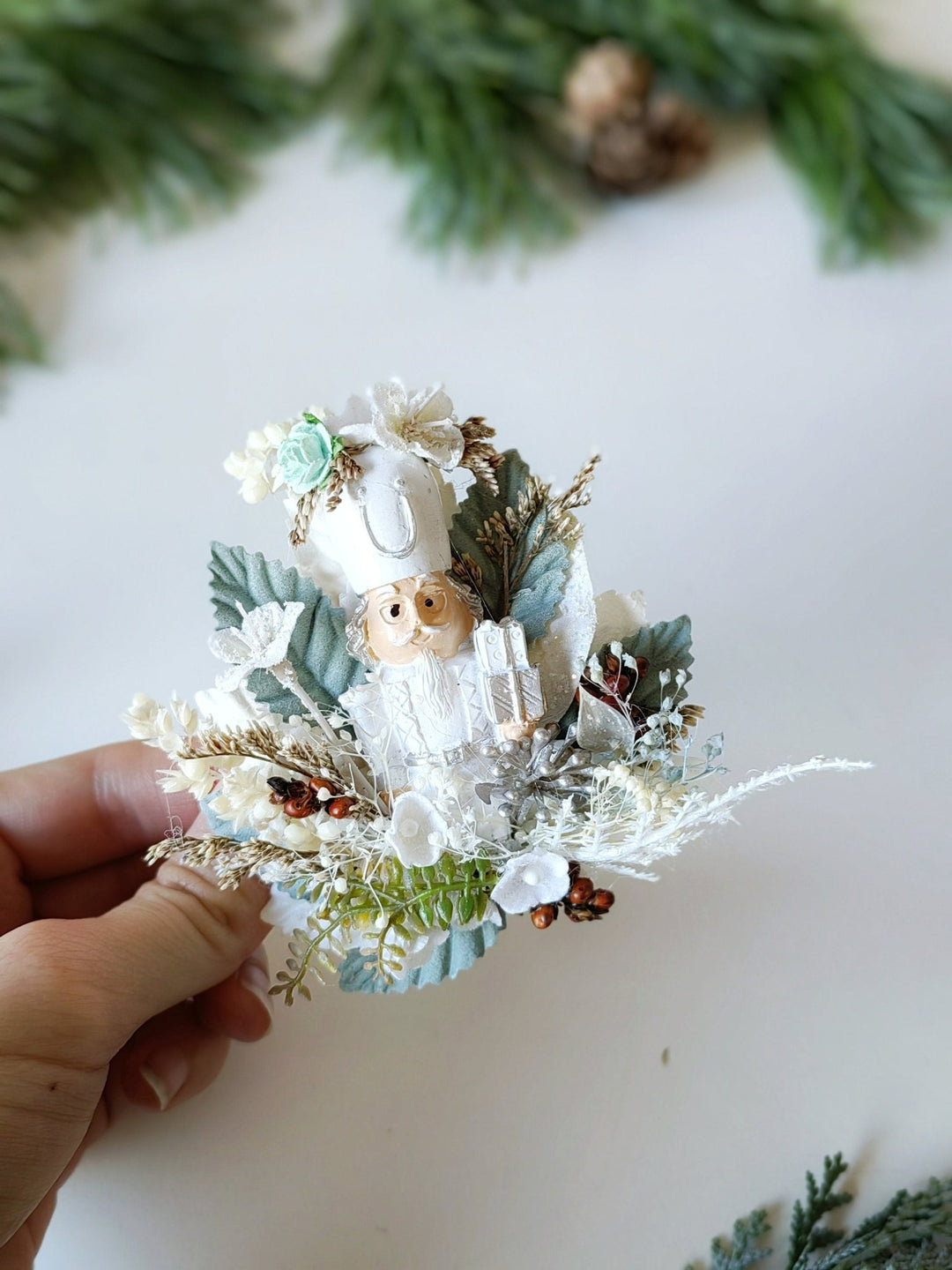Nutcracker Christmas Brooch: White & Mint Holiday Jewelry – handmade floral hair accessory by magaela