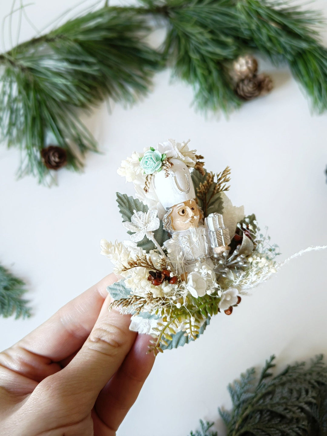 Nutcracker Christmas Brooch: White & Mint Holiday Jewelry – handmade floral hair accessory by magaela