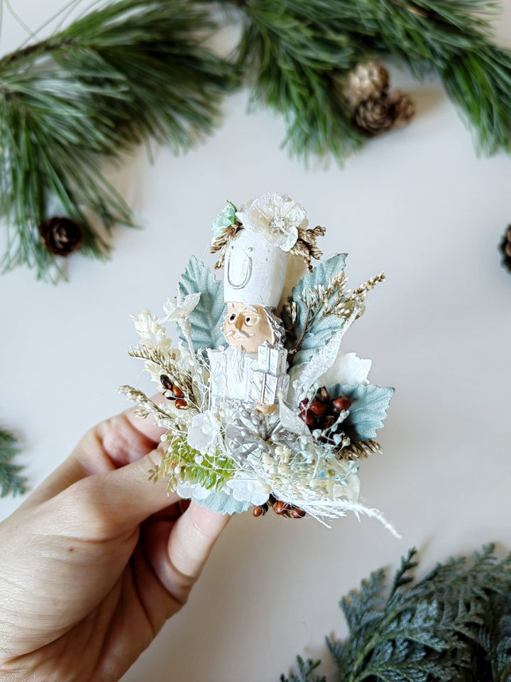 Nutcracker Christmas Brooch: White & Mint Holiday Jewelry – handmade floral hair accessory by magaela
