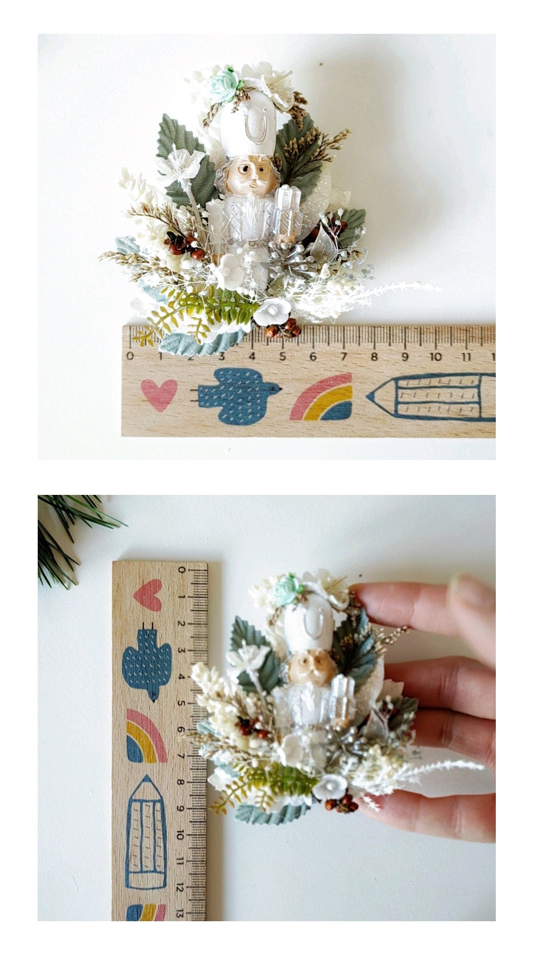 Nutcracker Christmas Brooch: White & Mint Holiday Jewelry – handmade floral hair accessory by magaela