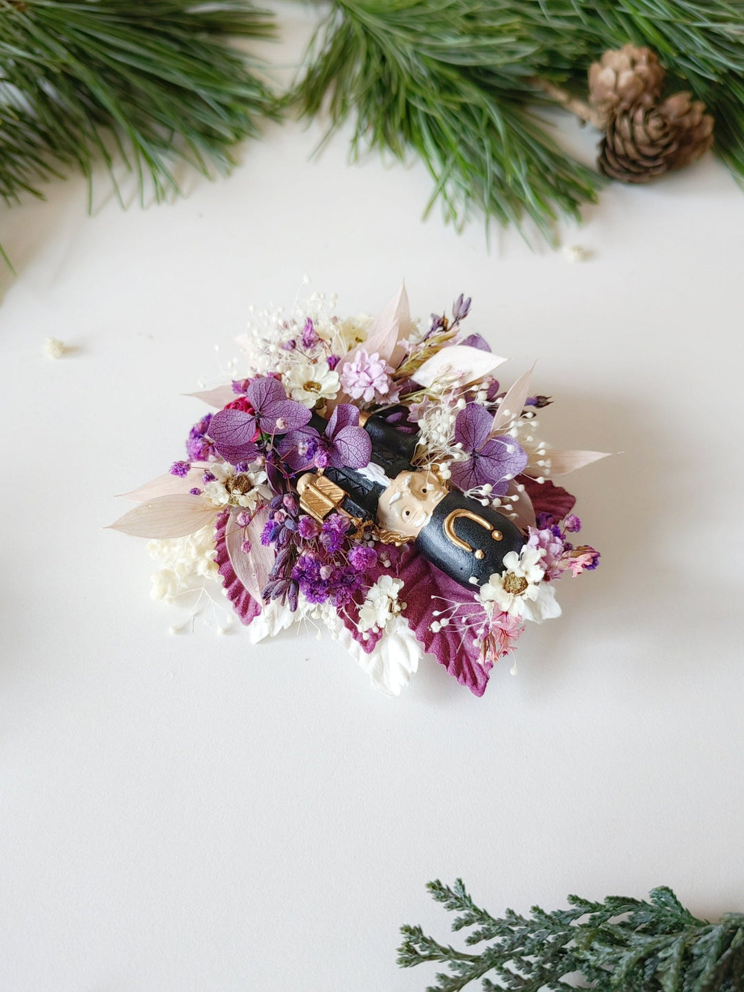 Purple Nutcracker Brooch – Vintage Christmas Floral Pin Winter Jewelry Gift for Her – handmade floral hair accessory by magaela