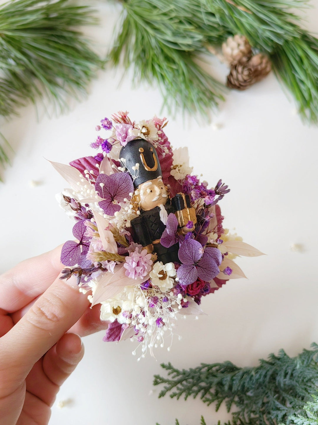 Purple Nutcracker Brooch – Vintage Christmas Floral Pin Winter Jewelry Gift for Her – handmade floral hair accessory by magaela